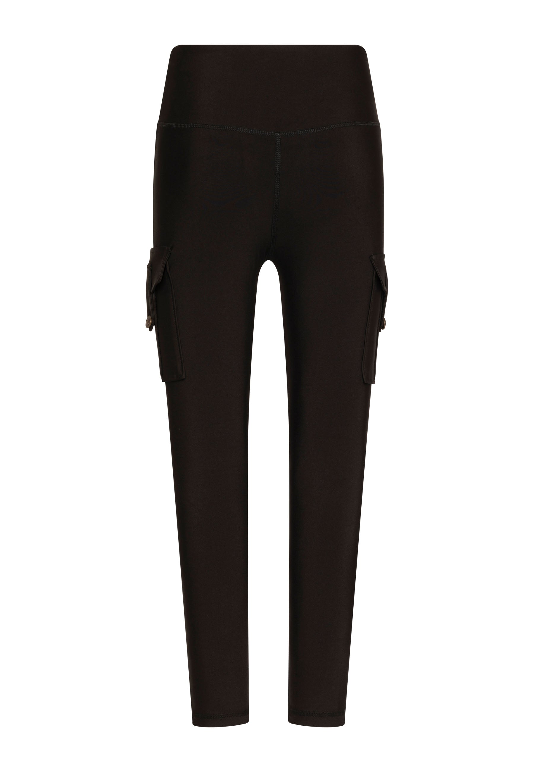 Schwarze Lismina 1122 Cargo Leggings mit Seitentaschen auf weißem Hintergrund präsentiert.